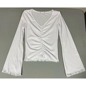 Just Polly White Solid Ruched V-Neck Long Sleeve Shirt Top Blouse Tee Size M 🤍